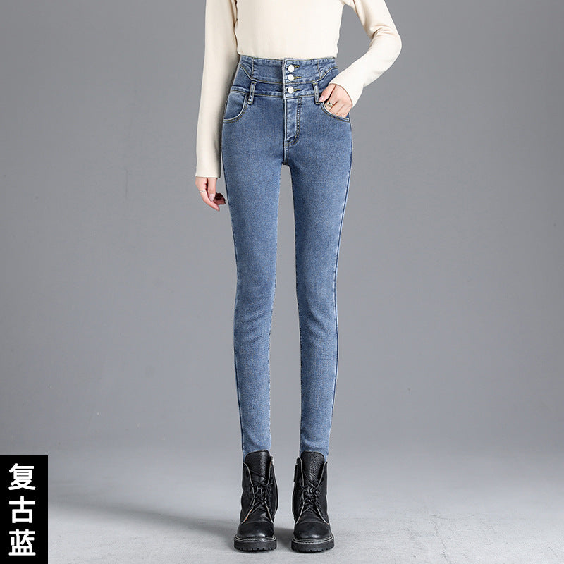 High-Waist Fleece-Lined Skinny Jeans – Stretch Slimming Thickened Ankle-Length Denim for Fall & Winter