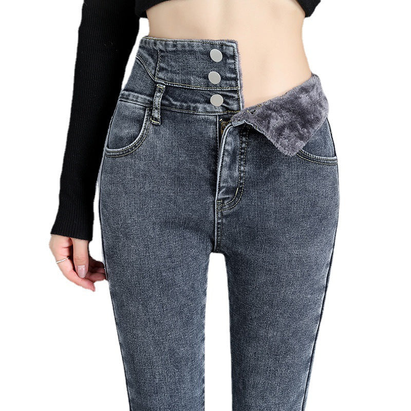 High-Waist Fleece-Lined Skinny Jeans – Stretch Slimming Thickened Ankle-Length Denim for Fall & Winter