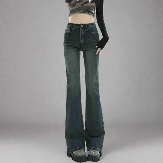 High-Waist Flared Jeans – Stretch Vintage Slimming Fleece-Lined Washed Trousers for Warmth & Style