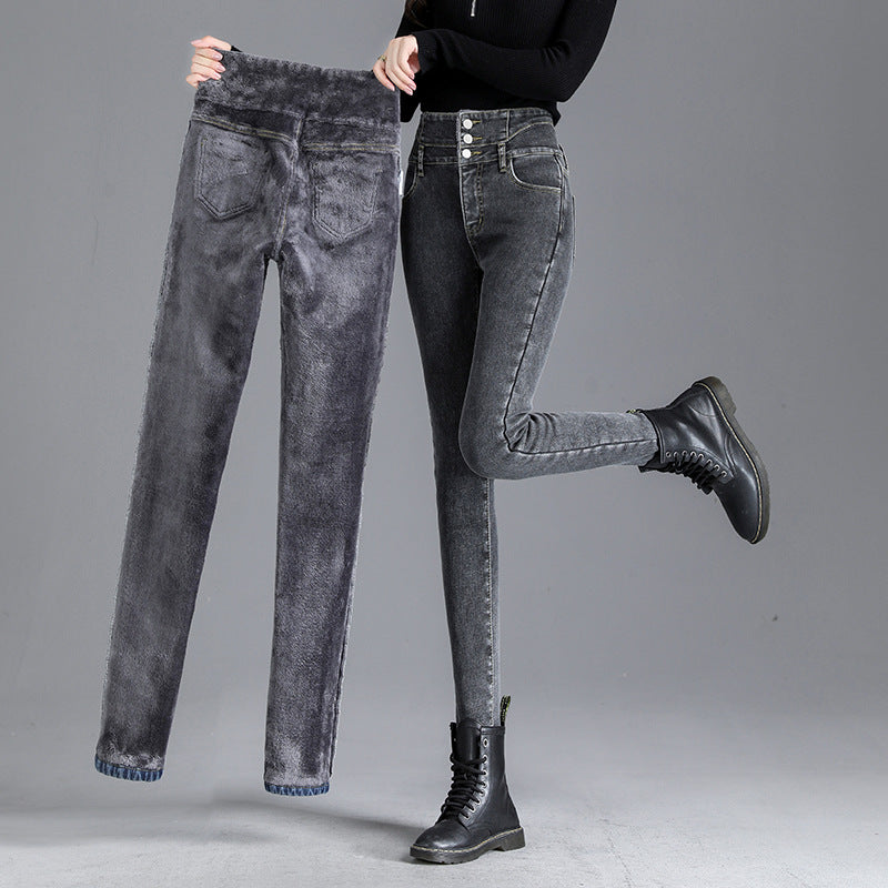 High-Waist Fleece-Lined Skinny Jeans – Stretch Slimming Thickened Ankle-Length Denim for Fall & Winter