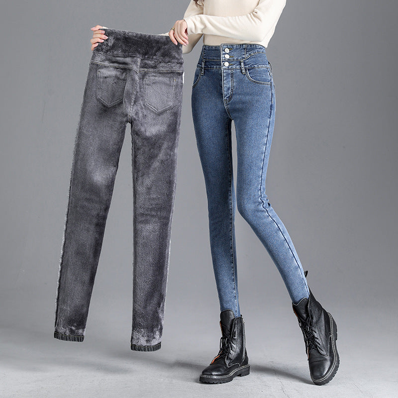 High-Waist Fleece-Lined Skinny Jeans – Stretch Slimming Thickened Ankle-Length Denim for Fall & Winter