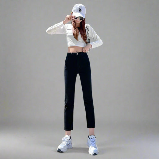 High-Waist Fleece-Lined Jeans - Stretch Slim Fit, Cropped Straight-Leg