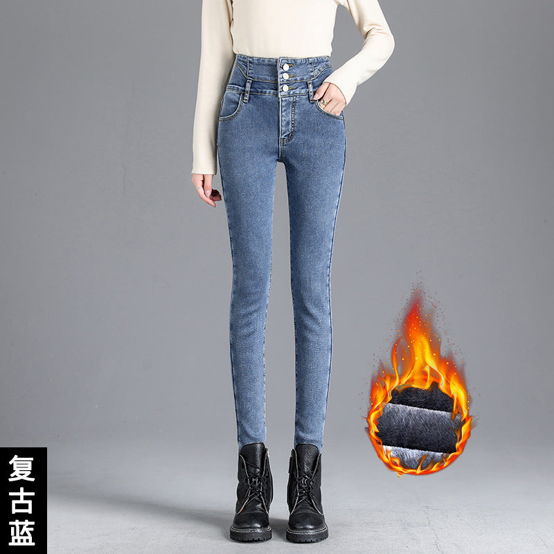 High-Waist Fleece-Lined Skinny Jeans – Stretch Slimming Thickened Ankle-Length Denim for Fall & Winter